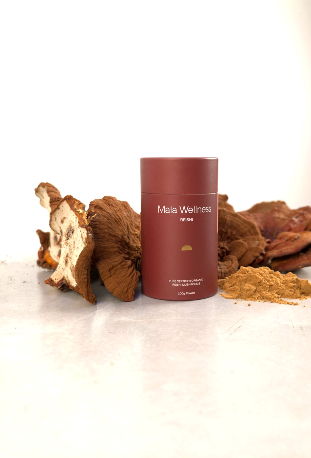 Reishi tin with dried Reishi and powder